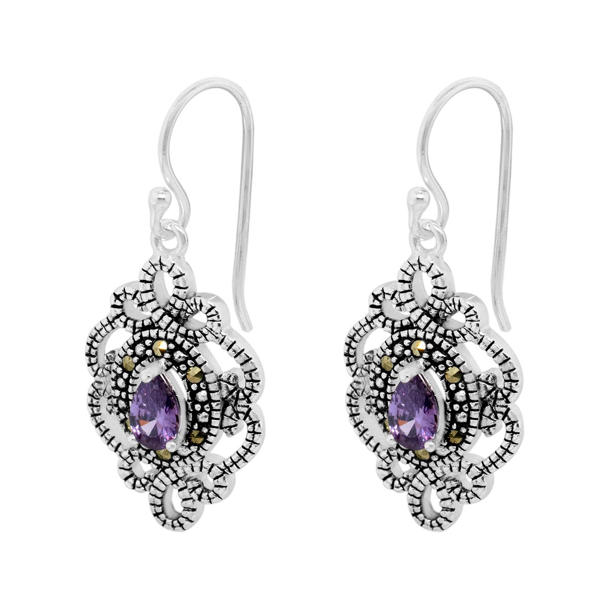 Marcasite & Amethyst CZ Drop Earrings