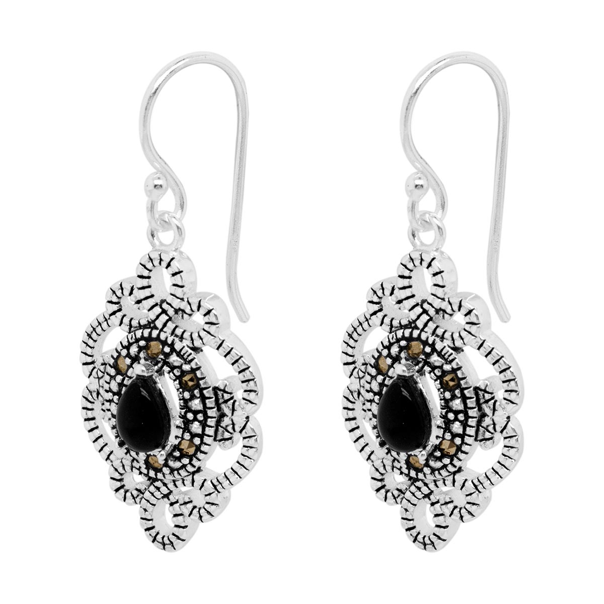 Marsala Silver Plated Marcasite & Onyx Drop Earrings