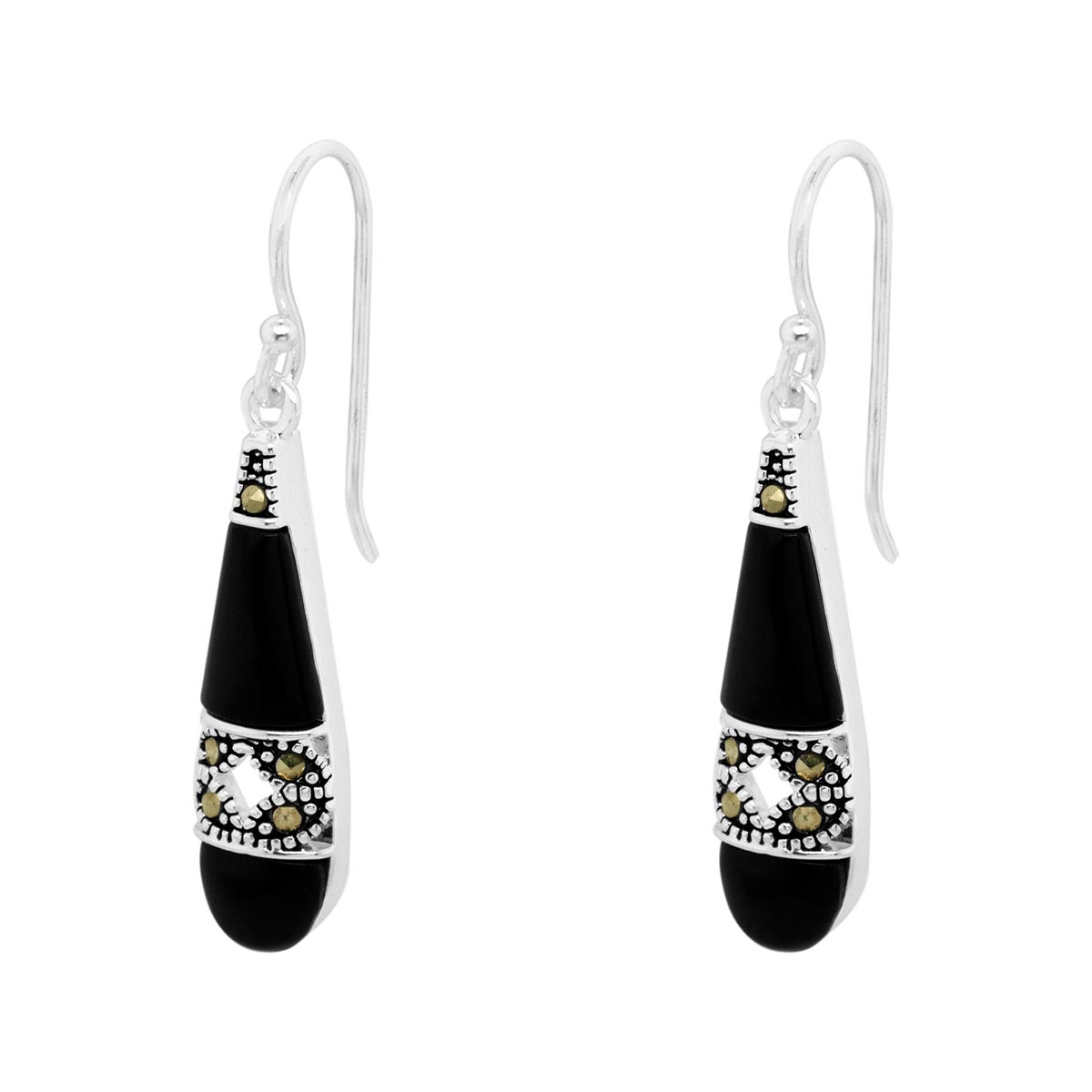 Marcasite & Onyx Elongated Oval Drop Earrings