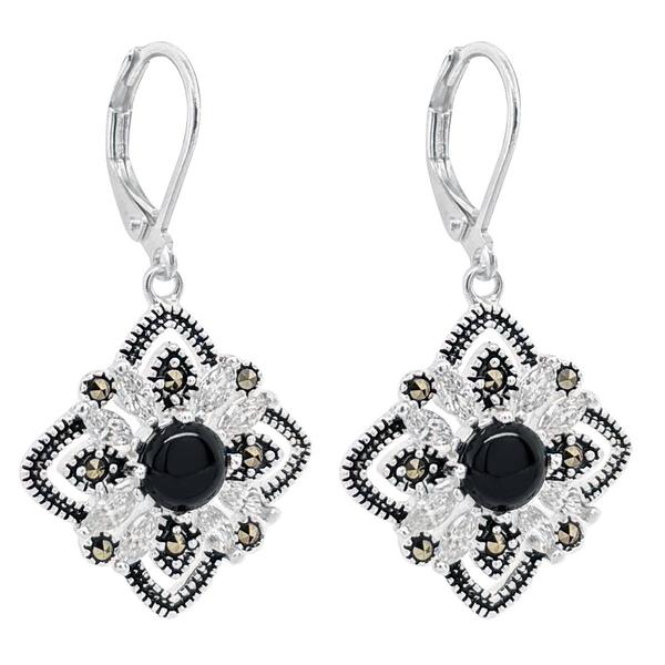 Marsala Fine Silver Plated Marcasite/Onyx/White Topaz Earrings alternate view