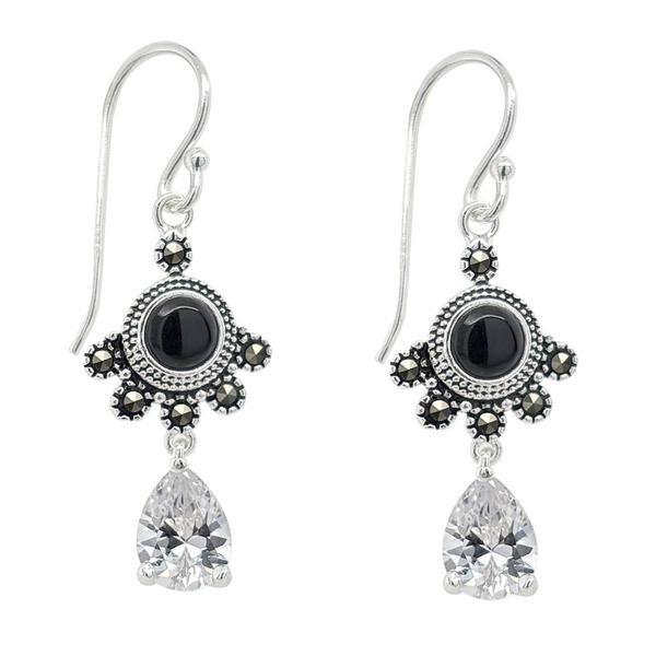 Marsala Fine Silver Plated Marcasite & CZ Drop Earrings