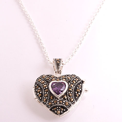 Marsala Fine Silver Plated & Marcasite Locket Necklace