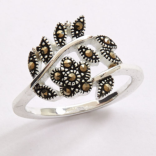 Marsala Fine Silver Plated Marcasite Leaf & Flower Ring