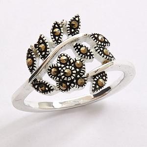 Marsala Fine Silver Plated Marcasite Leaf & Flower Ring