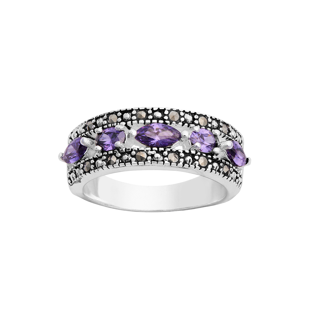 Marsala Silver Plated Marcasite Amethyst CZ Band Ring