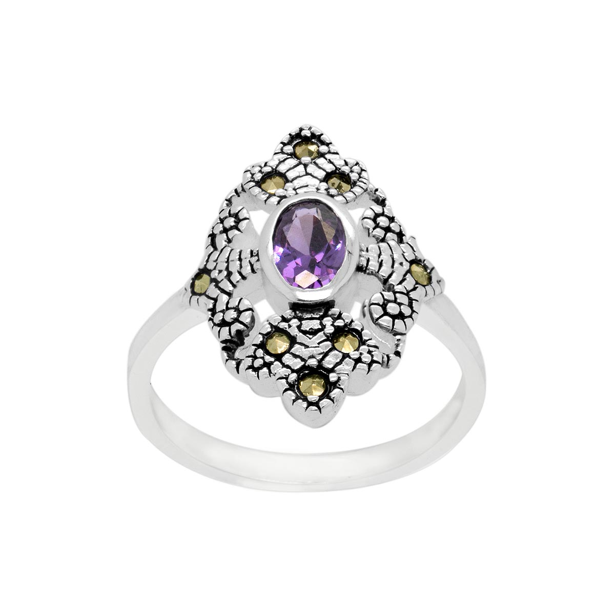 Silver Plated Marcasite & Amethyst CZ Statement Ring