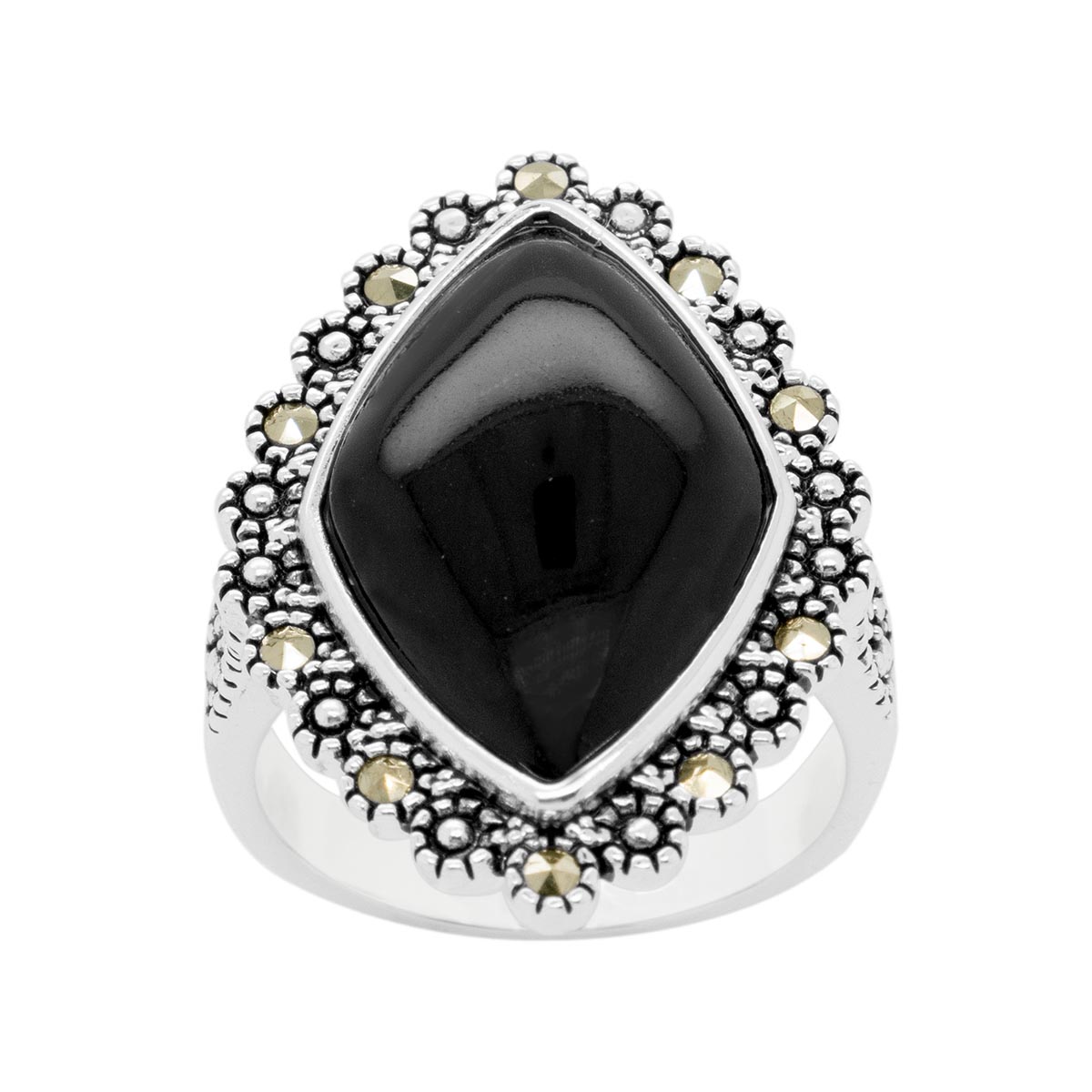 Marsala Silver Plated Marcasite & Onyx Statement Ring