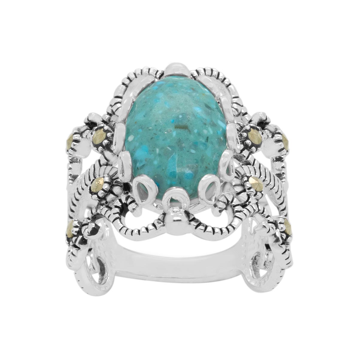 Fine Silver Plated Marcasite & Turquoise Statement Ring