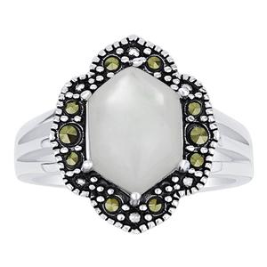 Marsala Silver Plated Marcasite & Mother of Pearl Post Ring