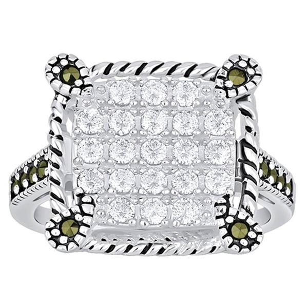 Marsala Silver Plated Marcasite & CZ Square Ring