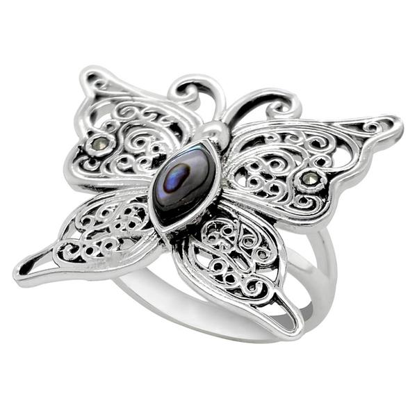Marsala Fine Silver Plated Marcasite & Abalone Butterfly Ring