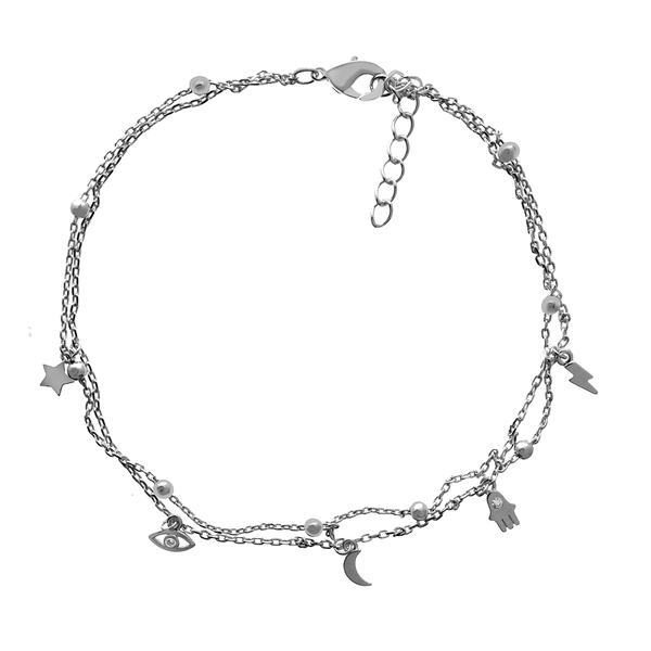 Barefootsies Silver Plated Hamsa Hand Evil Eye Anklet