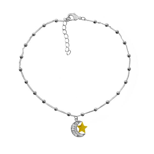 Barefootsies Two-Tone Plated CZ Moon & Star Anklet
