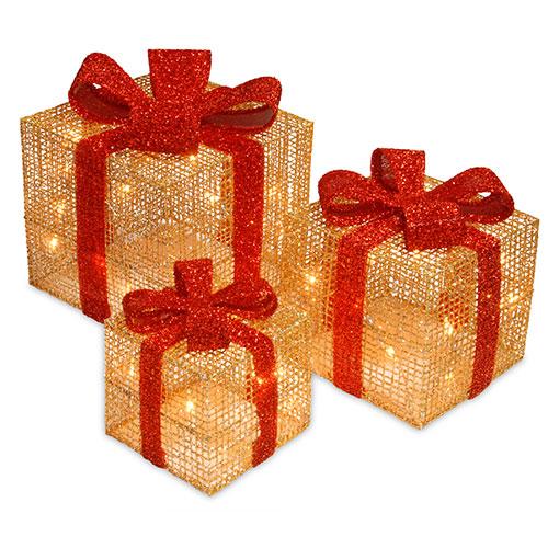 National Tree 3pc. Pre-Lit Gold Thread Gift Box