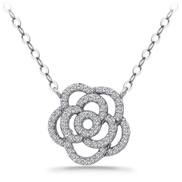 Designs by FMC Sterling Silver CZ Pave Rose Pendant Necklace
