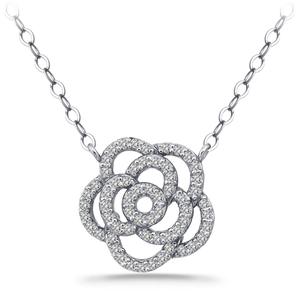 Designs by FMC Sterling Silver CZ Pave Rose Pendant Necklace