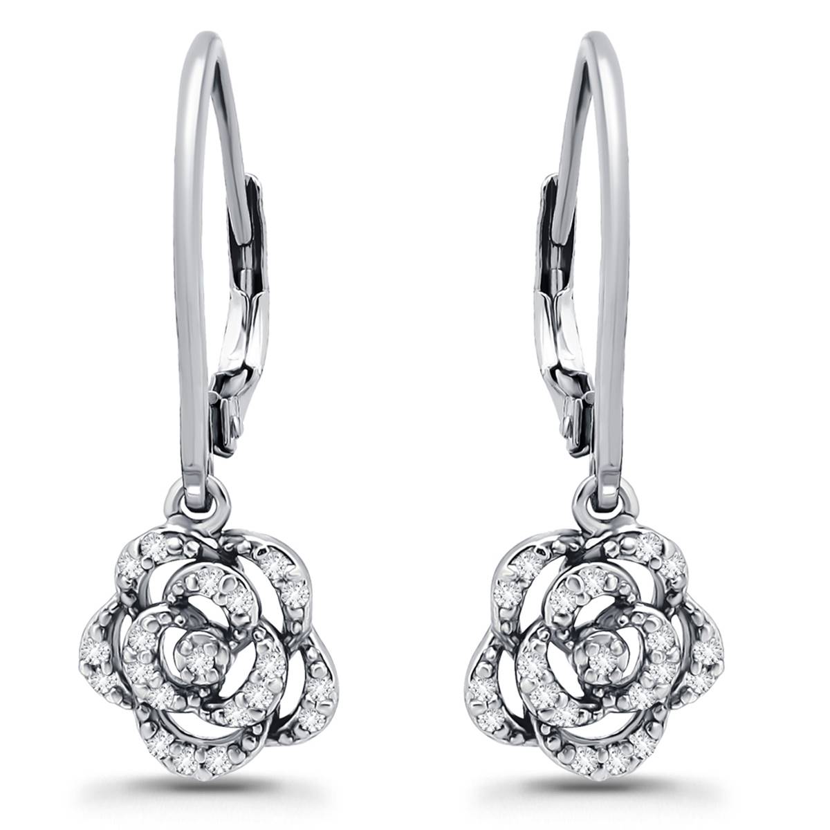 Designs By FMC Sterling Silver CZ Pave Rose Drop Earrings