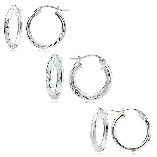 Designs By FMC Sterling Silver 2x15mm 3pr. Hoop Earrings Set