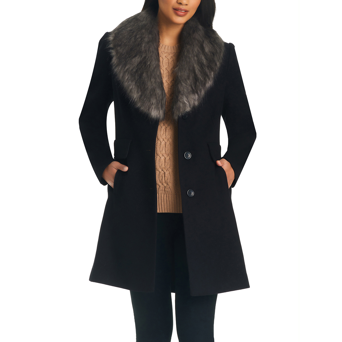 Womens D.e.t.a.i.l.s Faux Wool Coat W/Faux Fur Collar