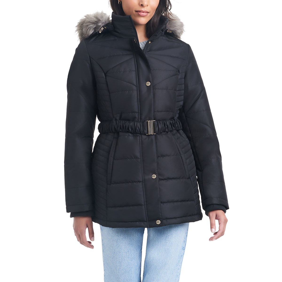 Plus Size D.e.t.a.i.l.s. Belted Puffer Jacket W/Faux Fur Hood