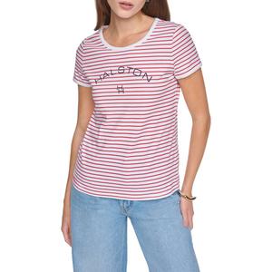 Womens Halston Short Sleeve Crew Neck Stripe Logo Tee