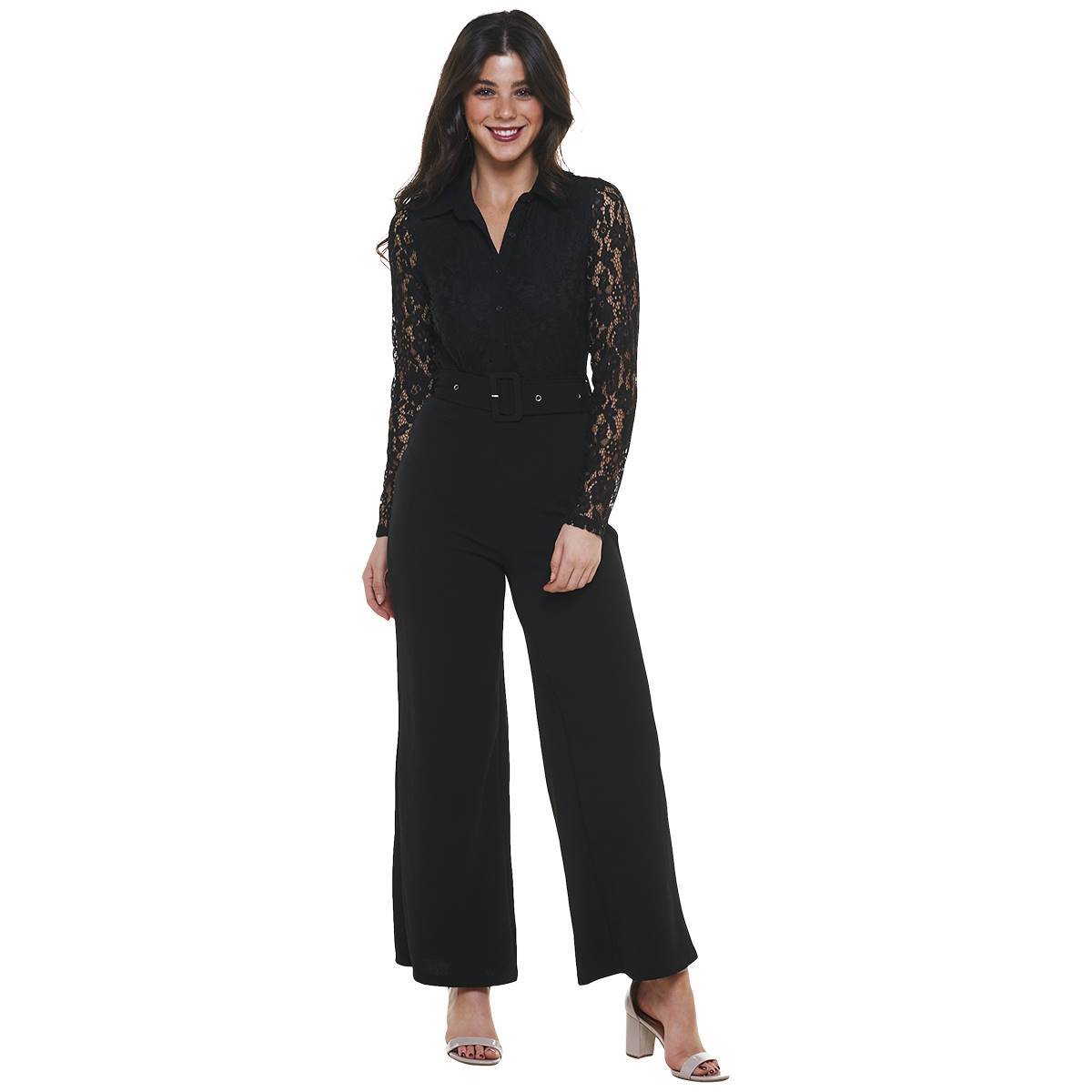 Juniors Almost Famous(tm) Long Sleeve Lace Liverpool Belted Jumpsuit