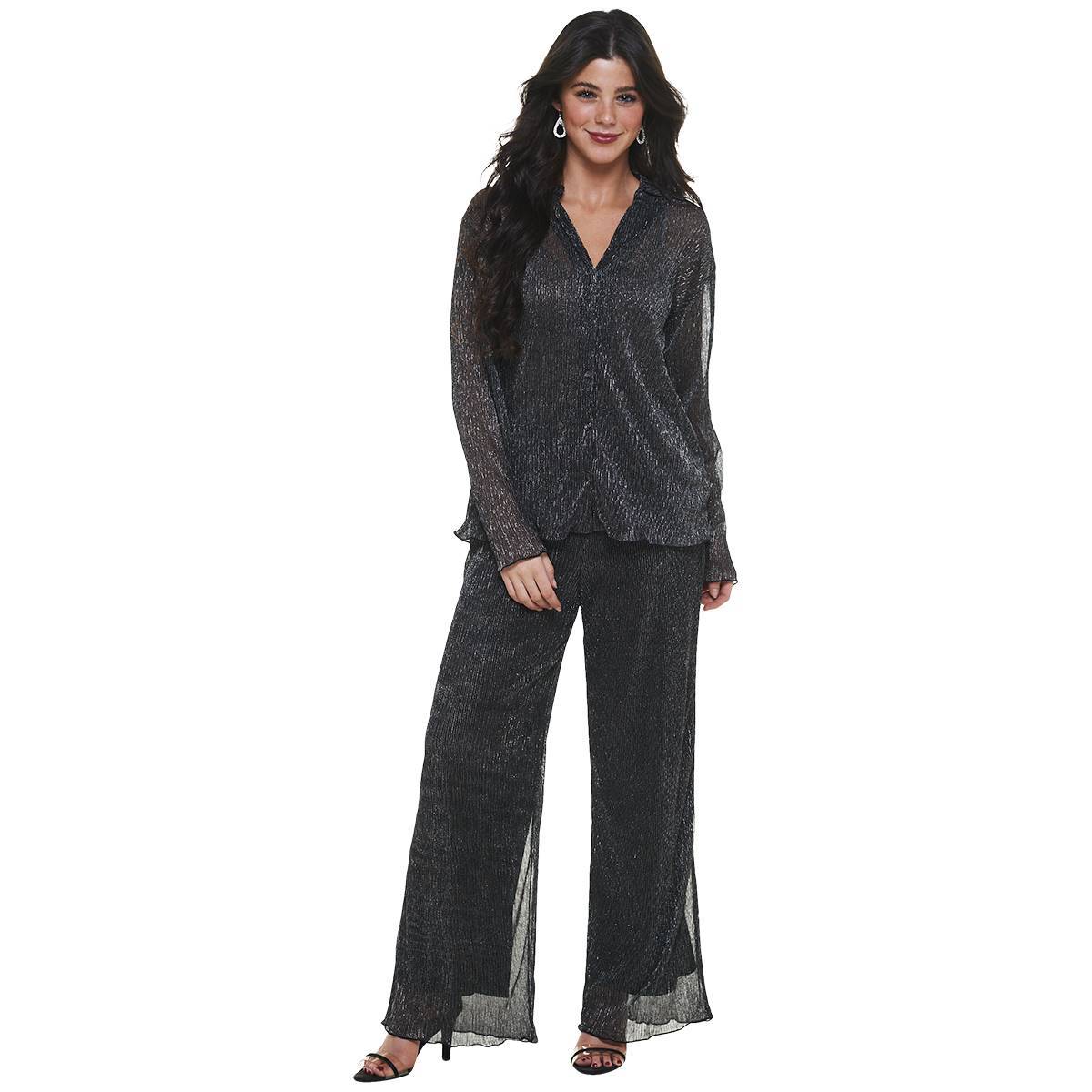 Juniors Almost Famous(tm) 2pc. Metallic Blouse & Wide Leg Pants Set