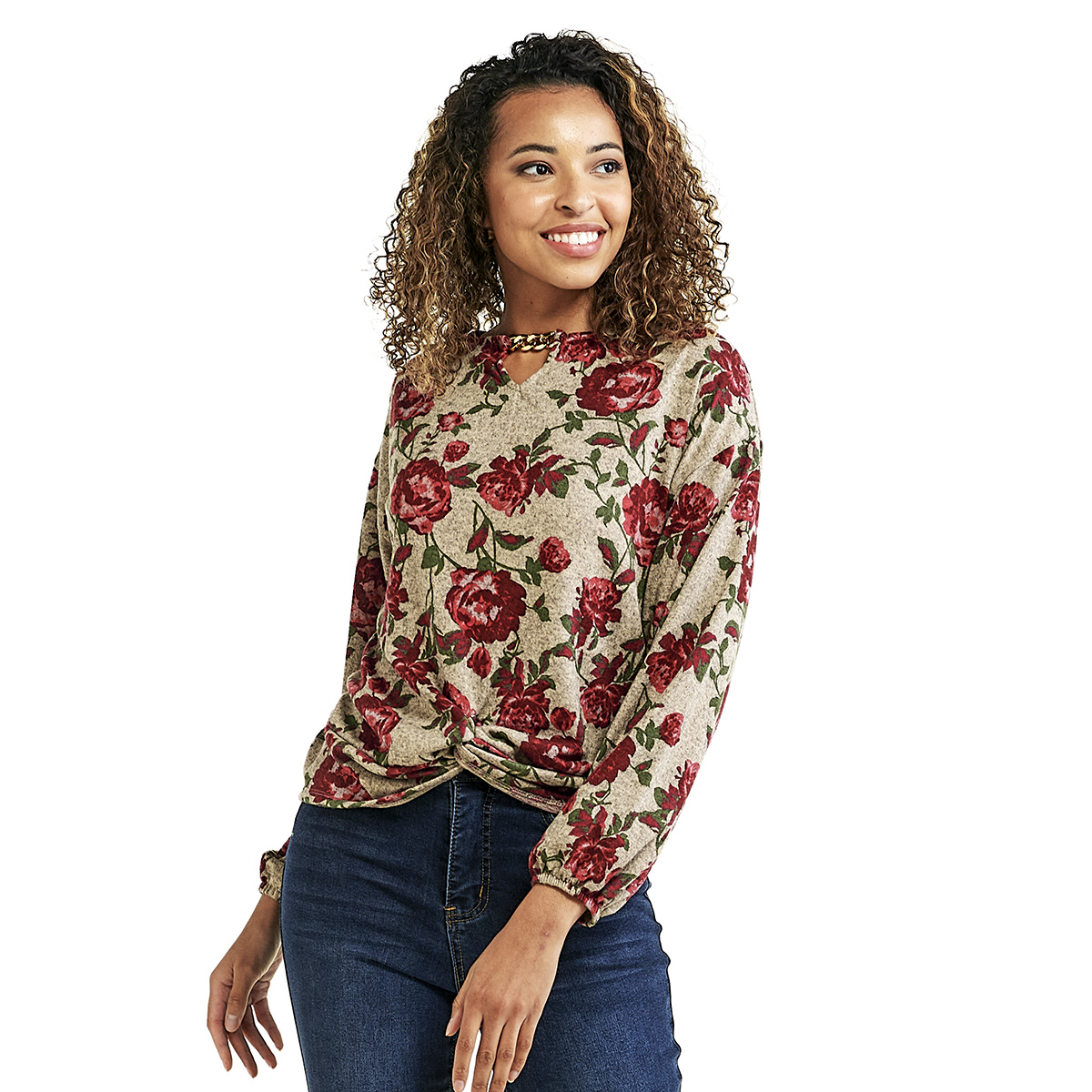 Plus Size Absolutely Famous Long Sleeve Chain Twist Floral Blouse