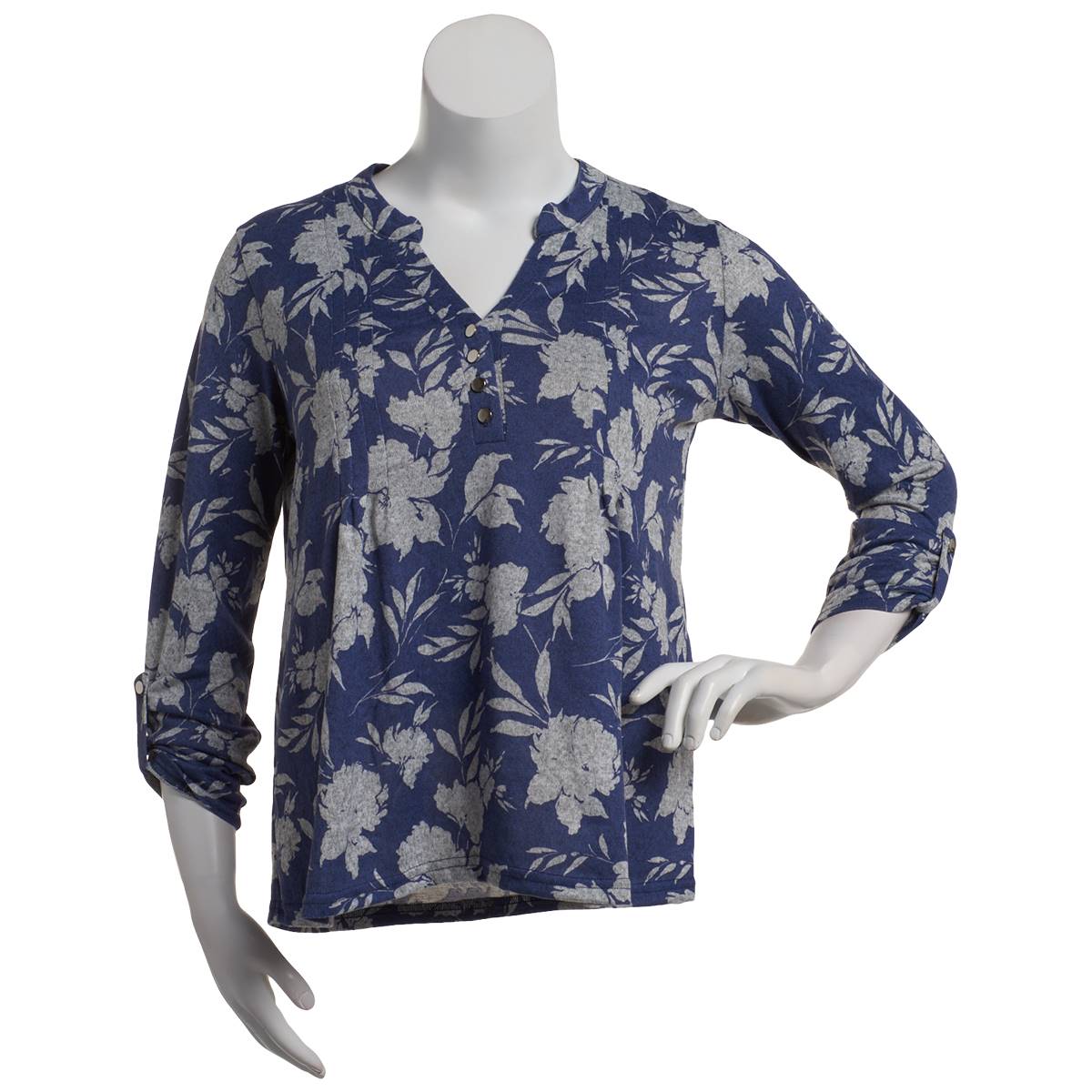 Womens Absolutely Famous Roll Tab Sleeve Floral Henley Blouse