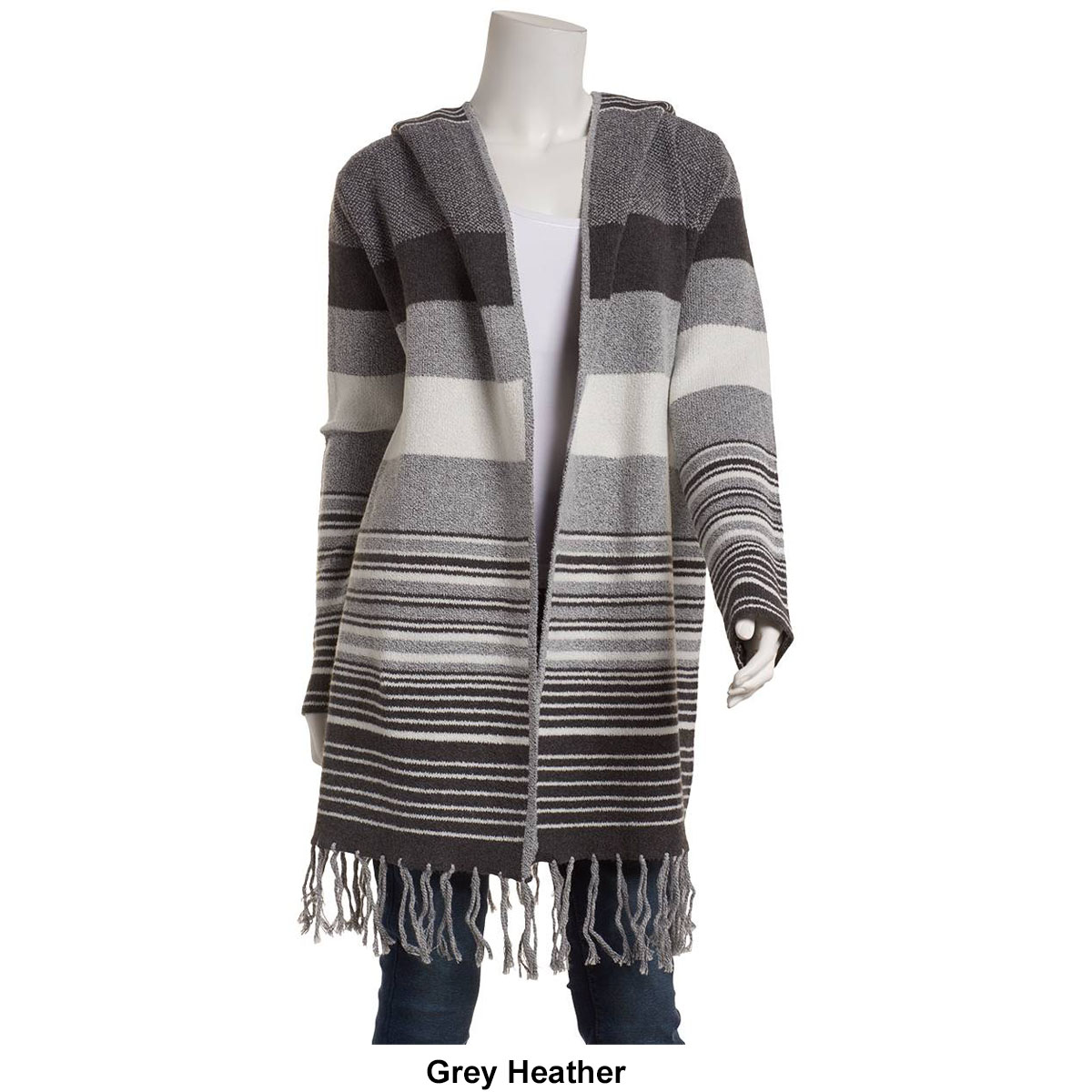 Womens Absolutely Famous Hooded Stripe Fringe Hem Cardigan