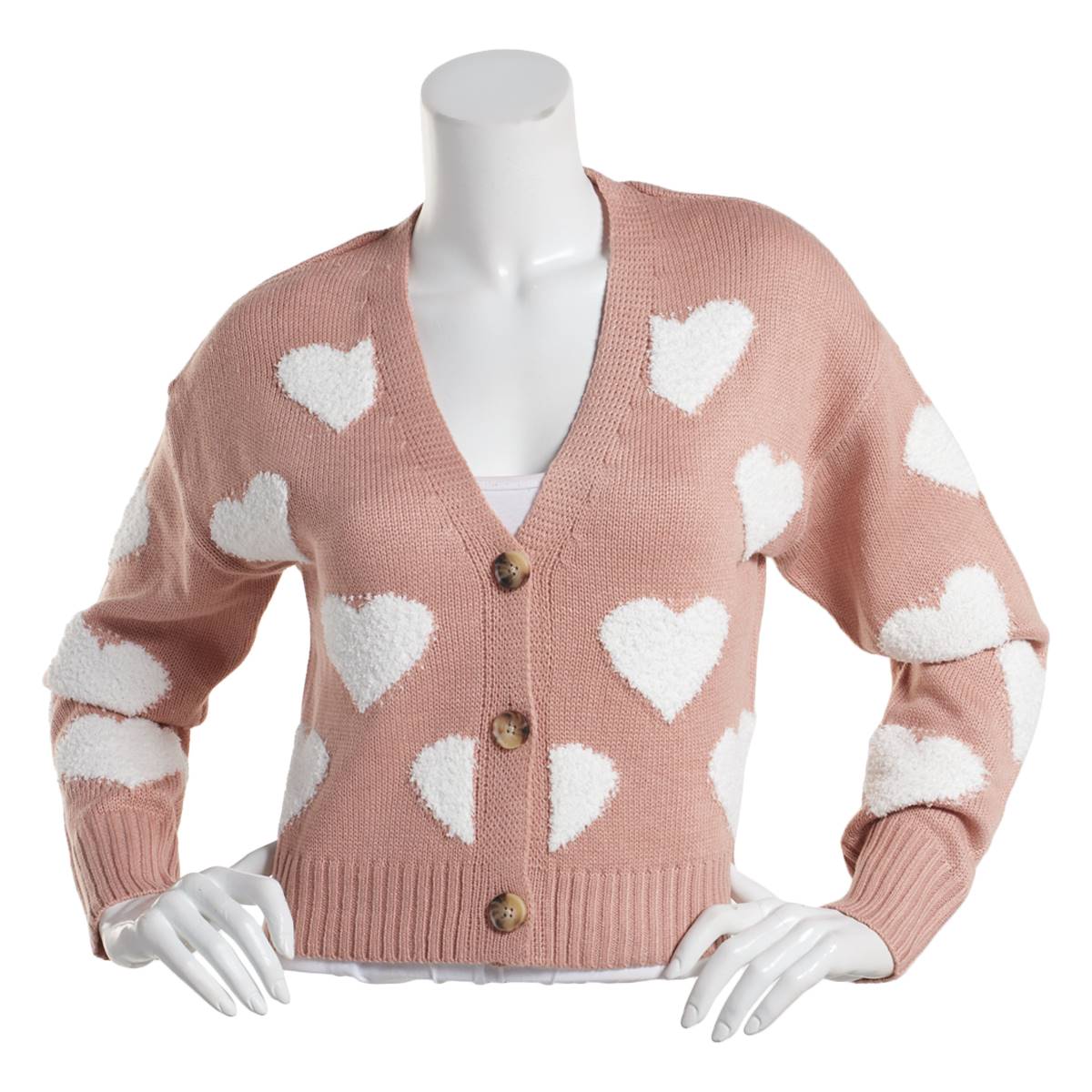 Juniors Almost Famous(tm) Boucle Hearts Button Front Cardigan
