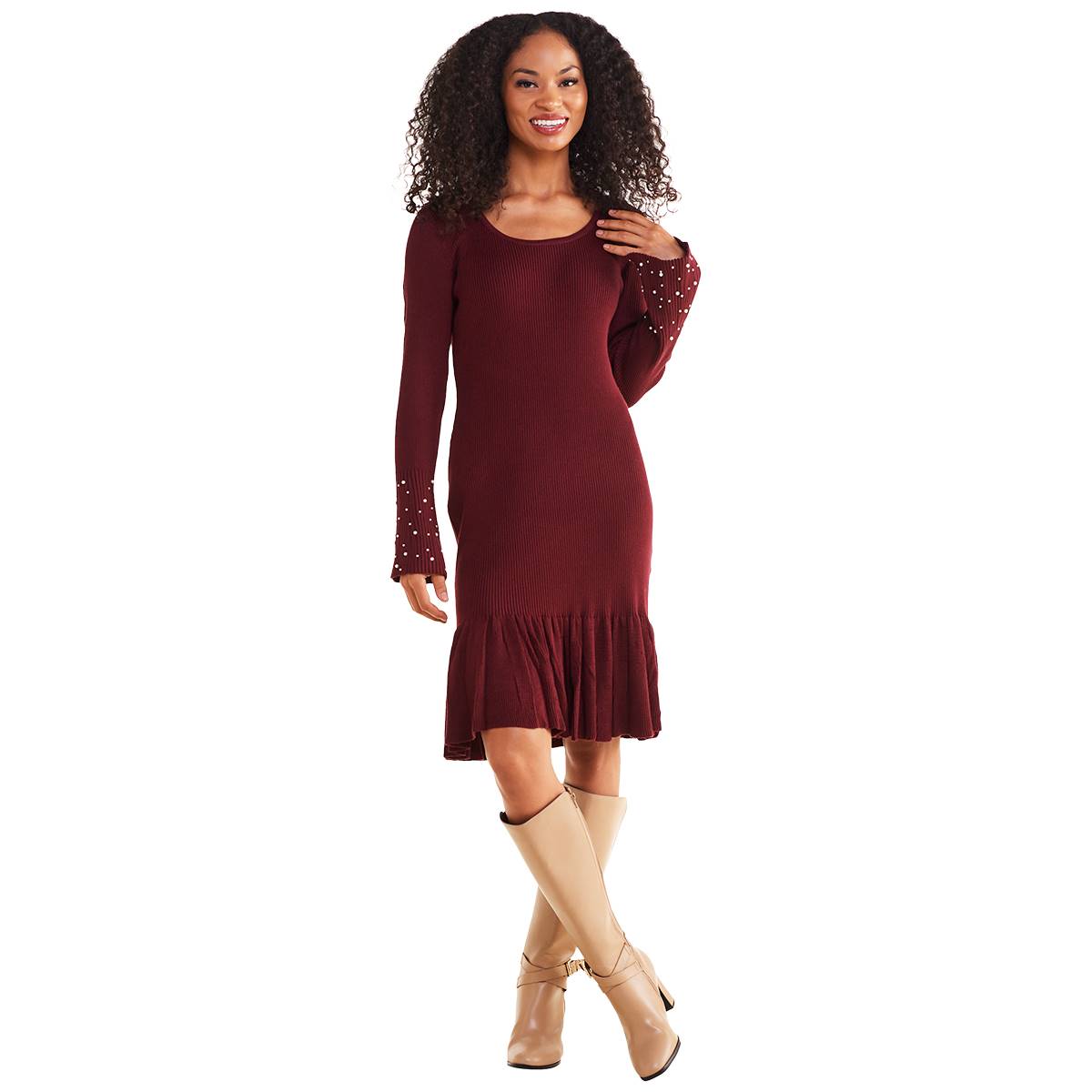 Womens Absolutely Famous Long Pearl Trim Sleeve Knit Sheath Dress