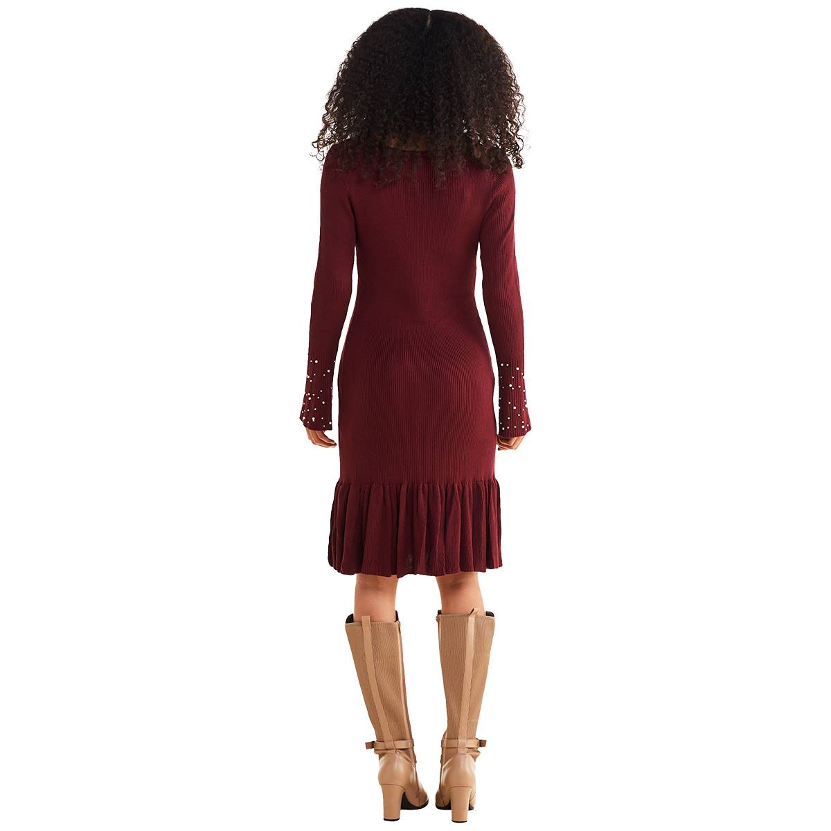 Womens Absolutely Famous Long Pearl Trim Sleeve Knit Sheath Dress