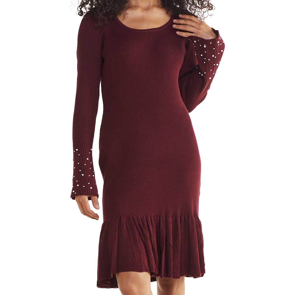 Womens Absolutely Famous Long Pearl Trim Sleeve Knit Sheath Dress