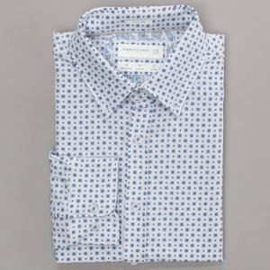 Mens Denim & Flower Geometric Dress Shirt - White/Blue