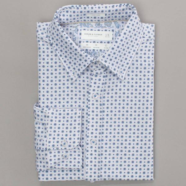 Mens Denim & Flower Geometric Dress Shirt - White/Blue