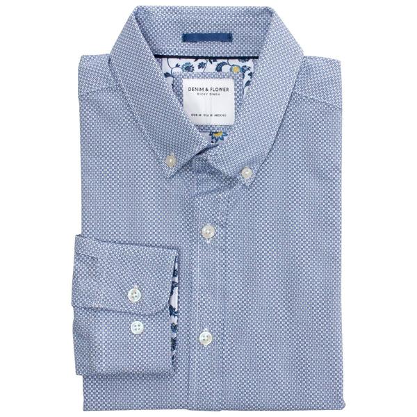 Mens Denim & Flower Long Sleeve Dress Shirt - Blue/White