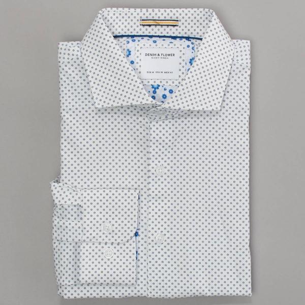 Mens Denim & Flower Long Sleeve Dress Shirt - White/Black