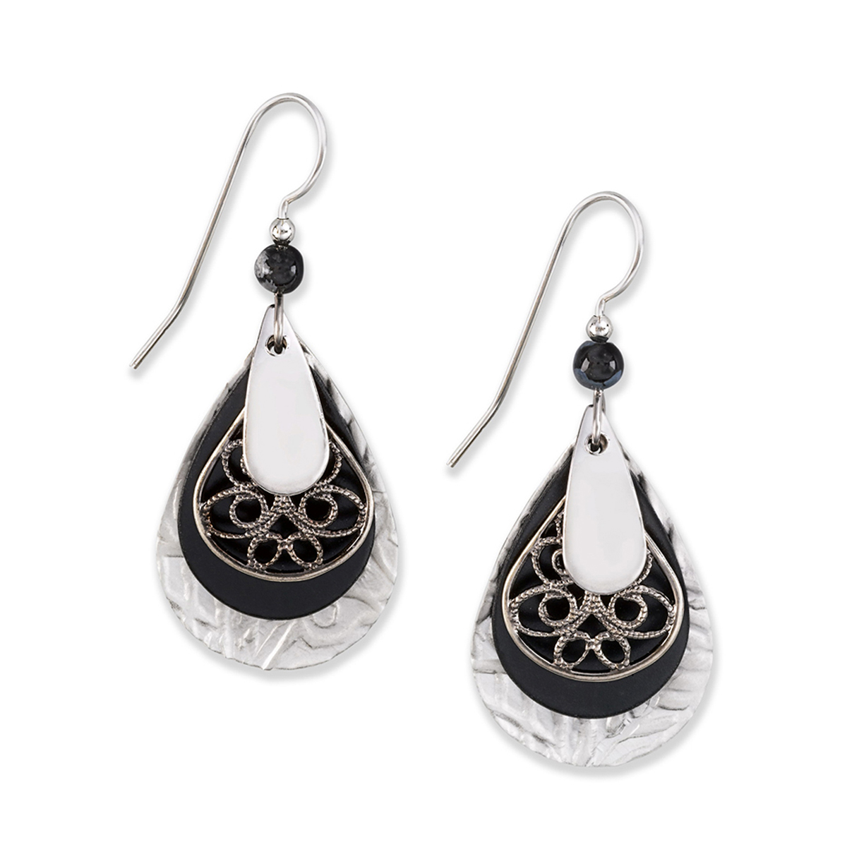 Silver-Tone Layered Teardrop Earrings With Filigree