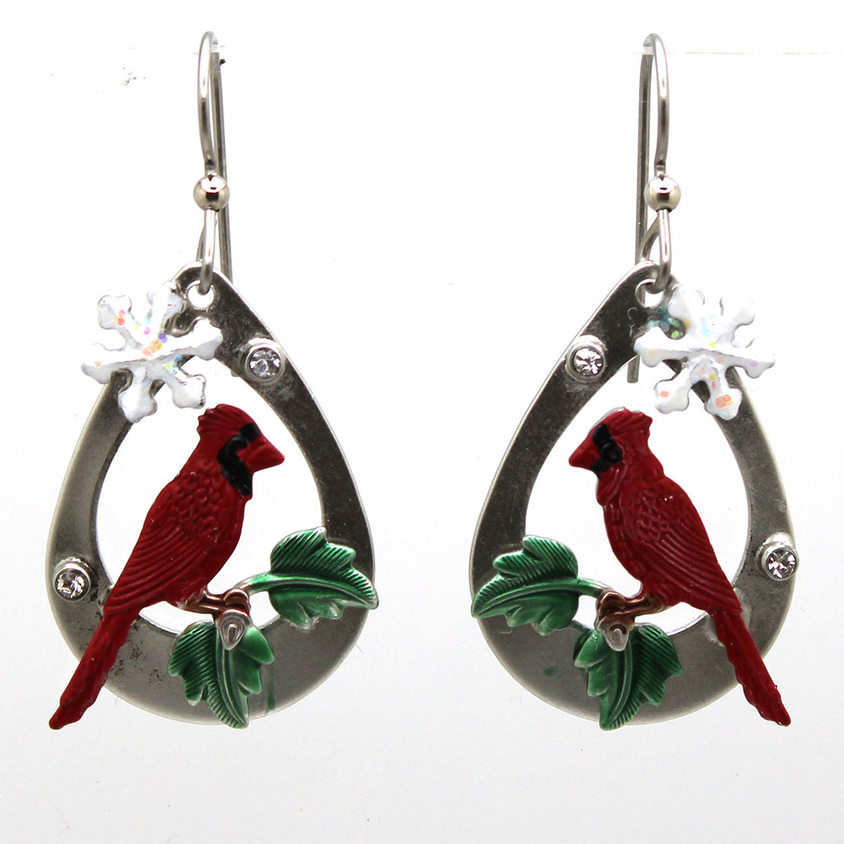 Silver Forest Cardinals Snowflake & Leaves Teardrop Drop Earrings