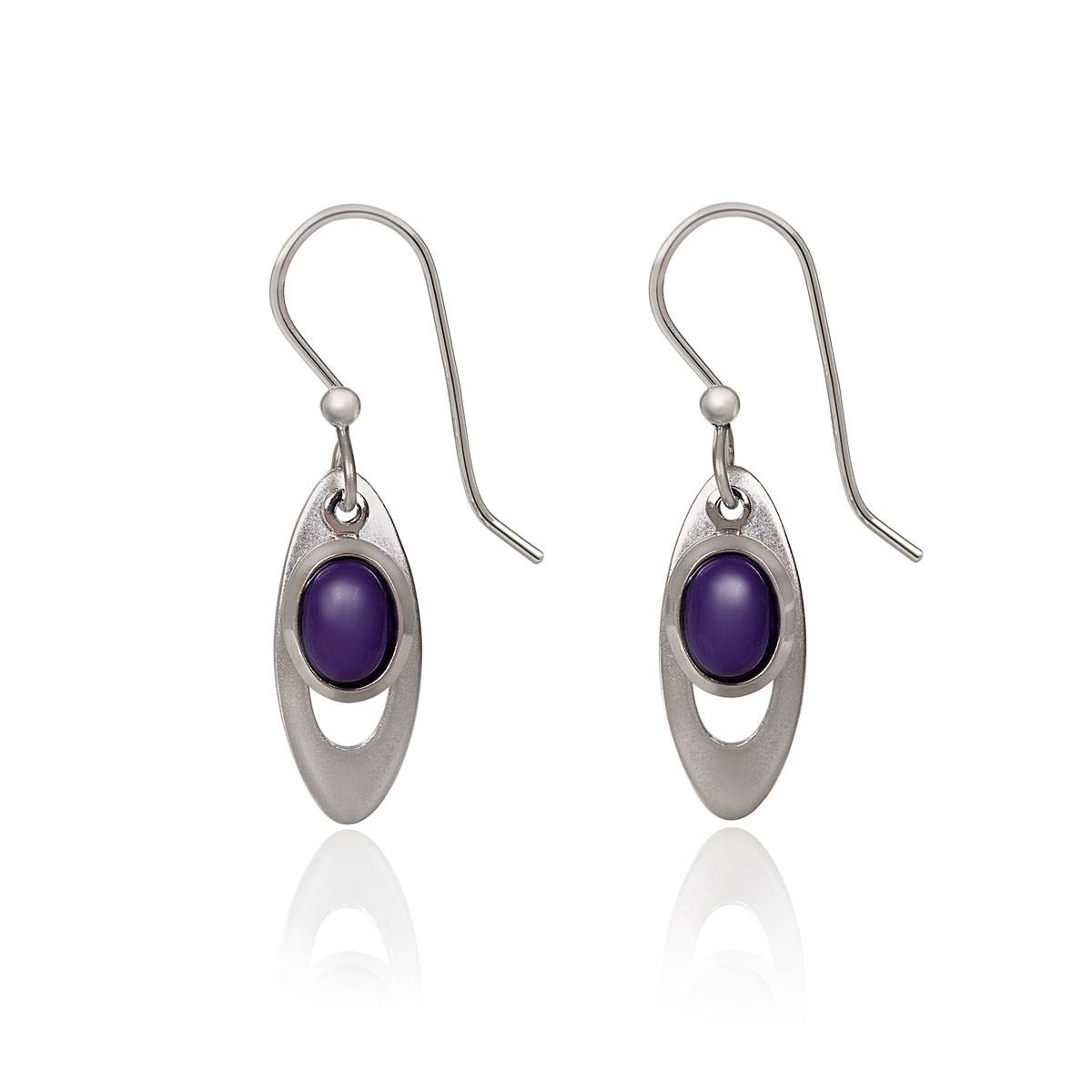 Silver Forest Oval W/ Purple Jade Cabochon Center Earrings