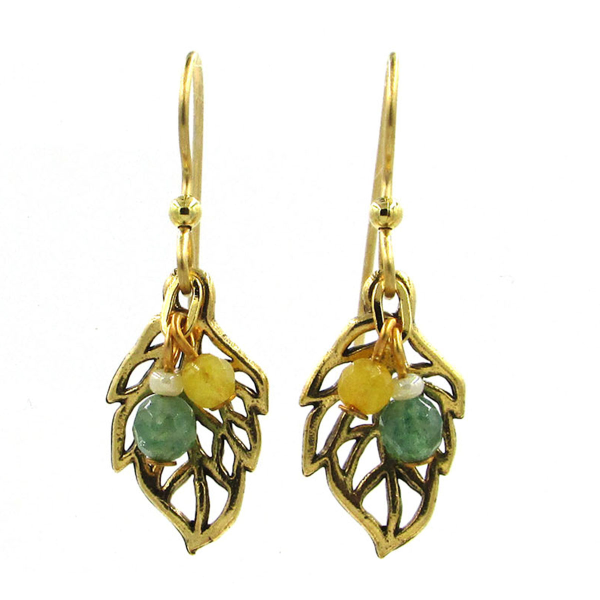 Silver Forest Gold-Tone Open Leaf Design Bead Drop Earrings