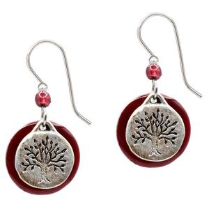 Silver Forest Silver-Tone Majestic Tree/Burgundy Circle Earrings
