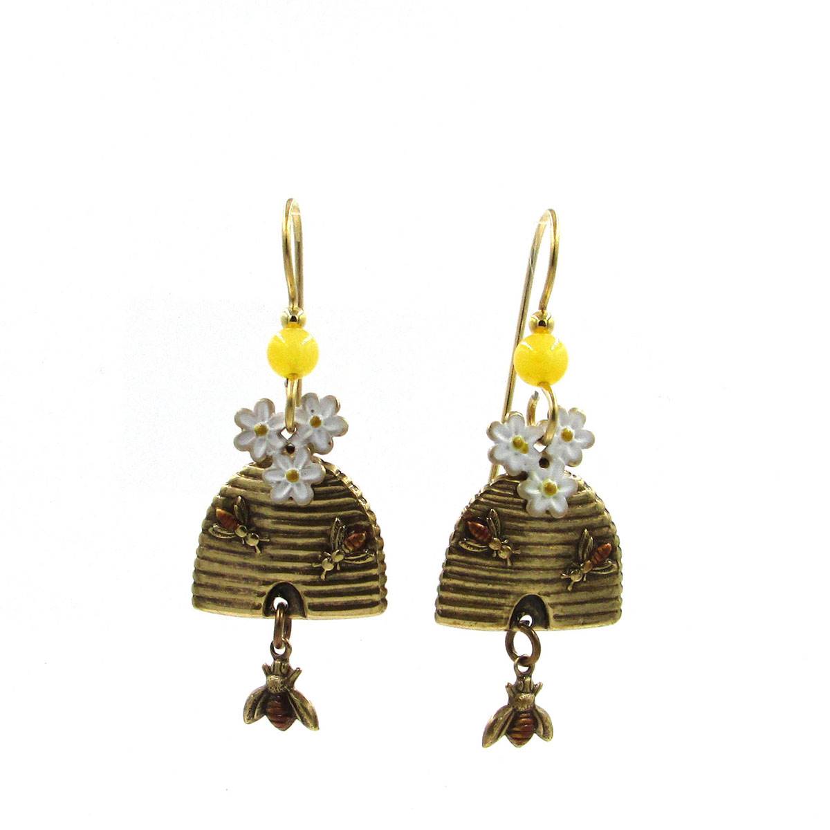 Silver Forest Flowers Honeycomb & Bee Drop Earrings