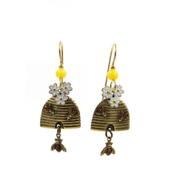 Silver Forest Flowers Honeycomb & Bee Drop Earrings