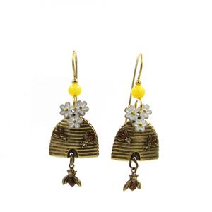 Silver Forest Flowers Honeycomb & Bee Drop Earrings