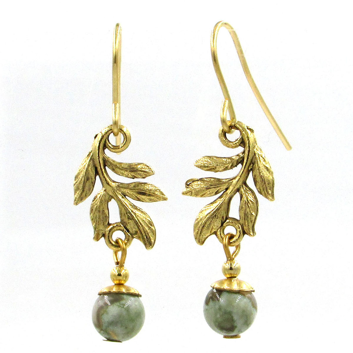 Silver Forest Gold Tone Leaf Drop Earrings With Bead Accent