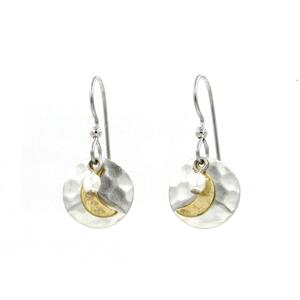 Silver Forest Hammered Disk with Crescent Moon and Bead Earrings