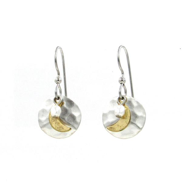 Silver Forest Hammered Disk with Crescent Moon and Bead Earrings