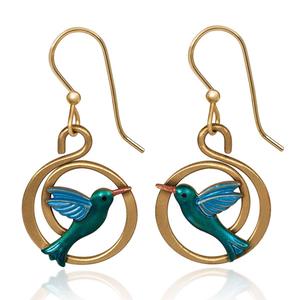 Silver Forest Gold-Tone Coil with a Blue Hummingbird Drop Earring